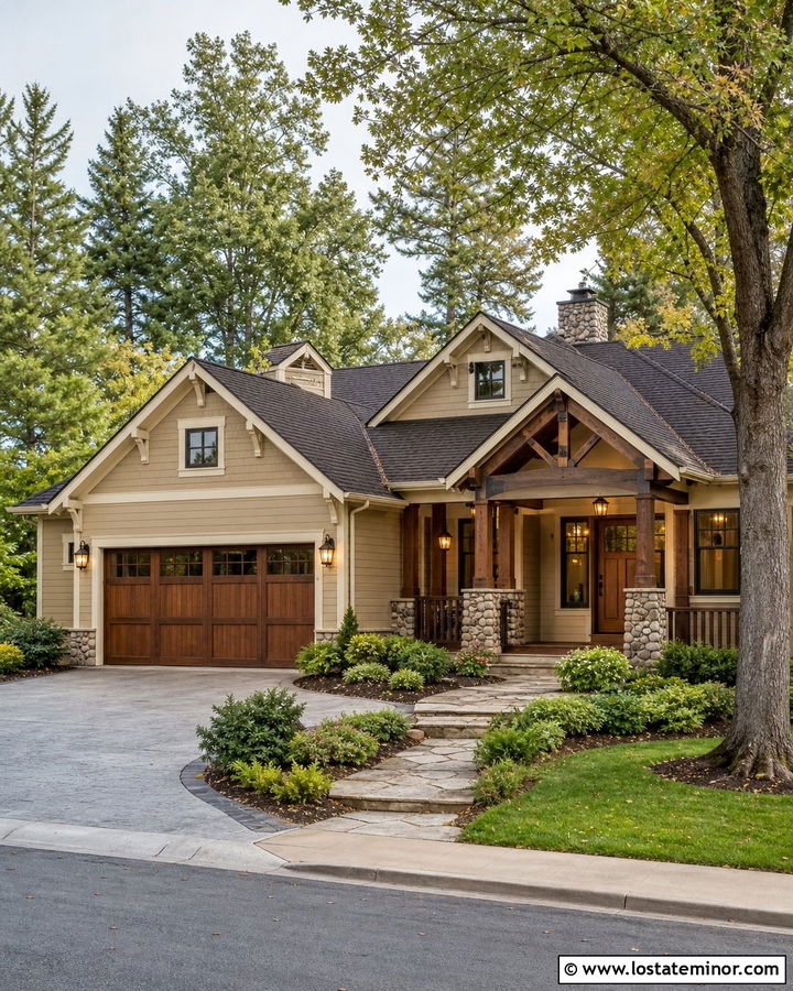 Natural Tan Craftsman With Walnut Garage Door - 30 Beige House Design With Garage Door Ideas
