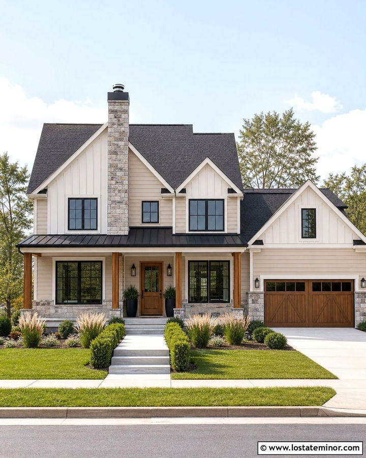 Natural Tan Farmhouse With Gray Ledgestone - 30 Beige House Design With Stone Accents Ideas