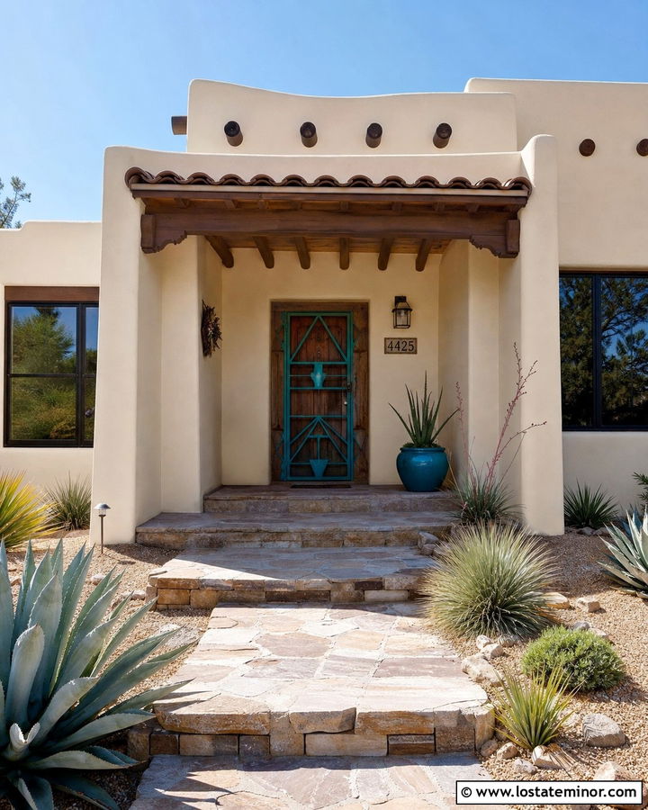 Navajo White Adobe House With Turquoise Screen Door - 30 Warm White House Design With Screen Door Ideas