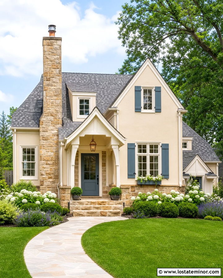 Navajo White Cottage With Tan Stone - 30 Beige House Design With Stone Accents Ideas