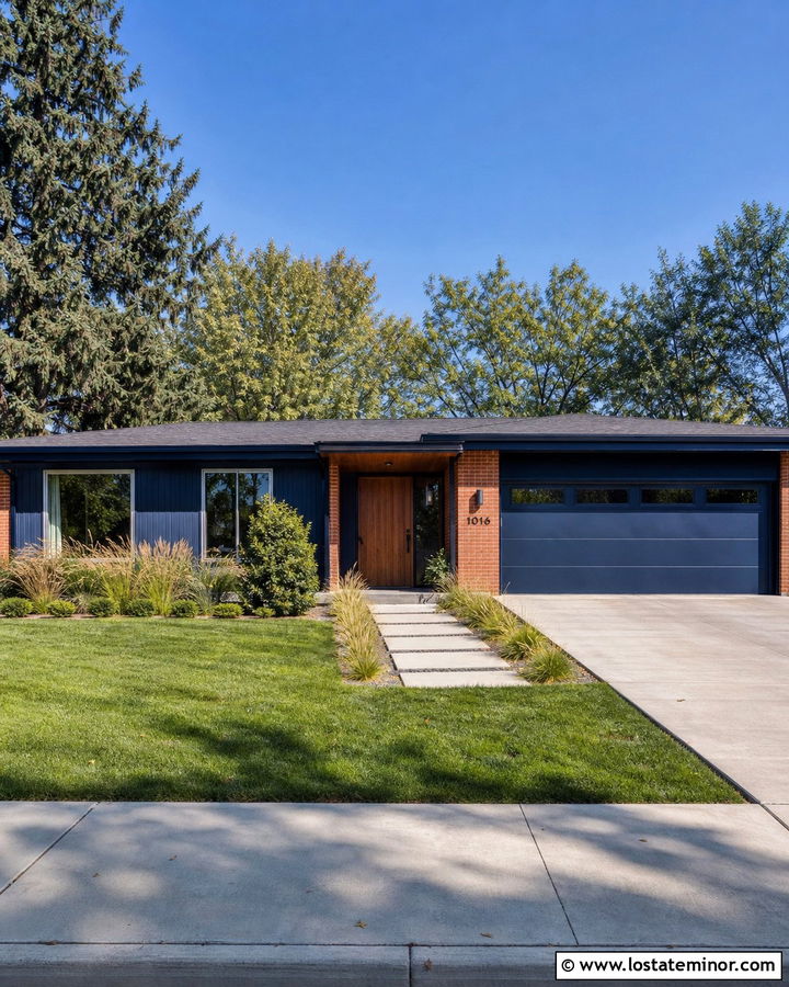Navy Blue 1970s House With Orange Brick - 30 Navy Blue House Design With Brick Accents Ideas