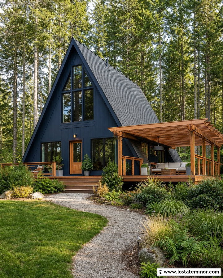 Navy Blue A Frame House With Deck Pergola - 30 Navy Blue House Design With Pergola Ideas