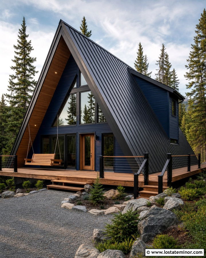 Navy Blue A Frame House With Hanging Swing - 30 Navy Blue House Design With Swing Ideas