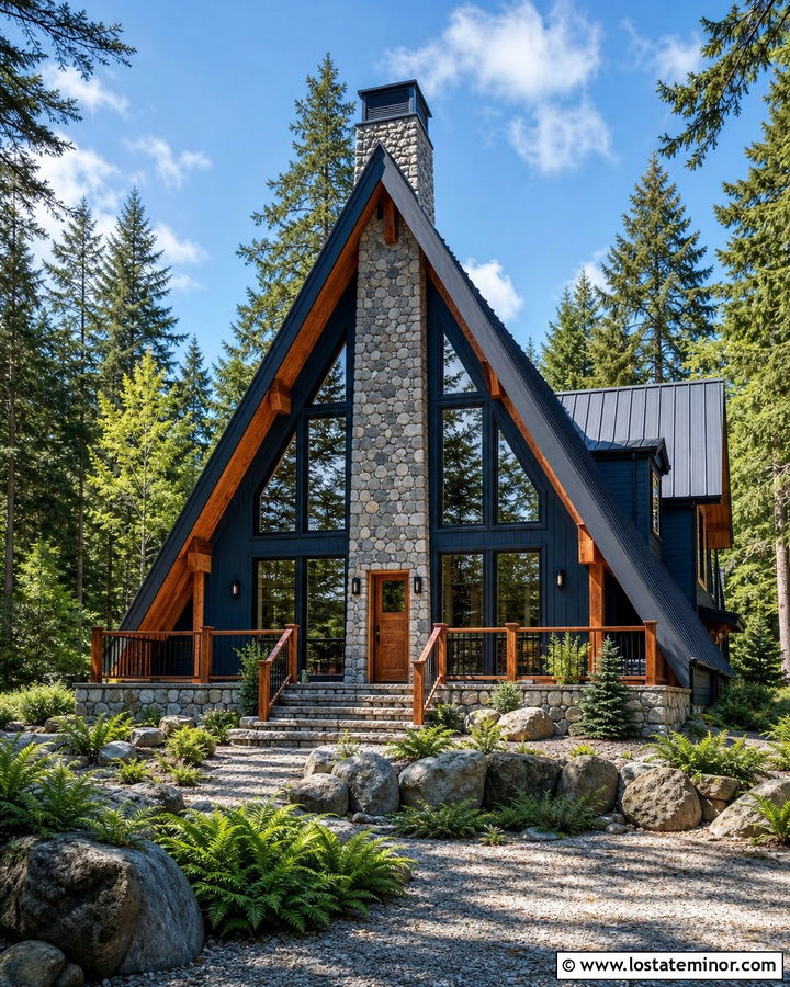 Navy Blue A Frame With Stone Fireplace Chimney - 30 Navy Blue House Design With Chimney Ideas