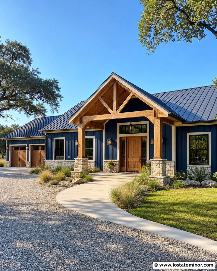 Navy Blue Barndominium With Metal Portico - 30 Navy Blue House Design With Portico Ideas