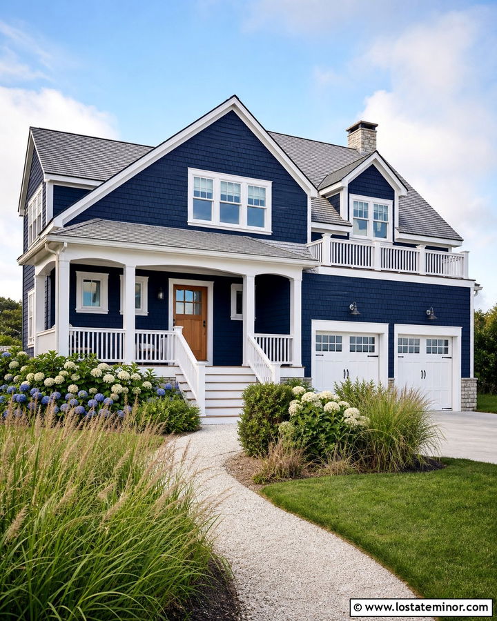 Navy Blue Beach House With White Trim - 30 Navy Blue House Design With Shingles Ideas