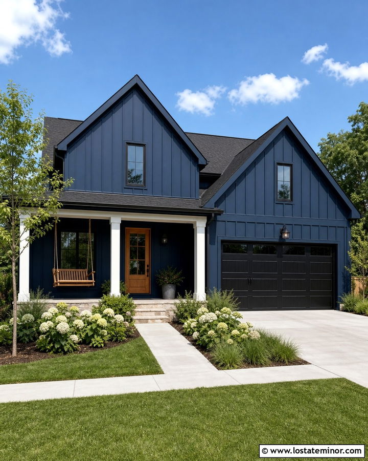 Navy Blue Board And Batten House With Black Frames - 30 Navy Blue House Design With Window Frames Ideas