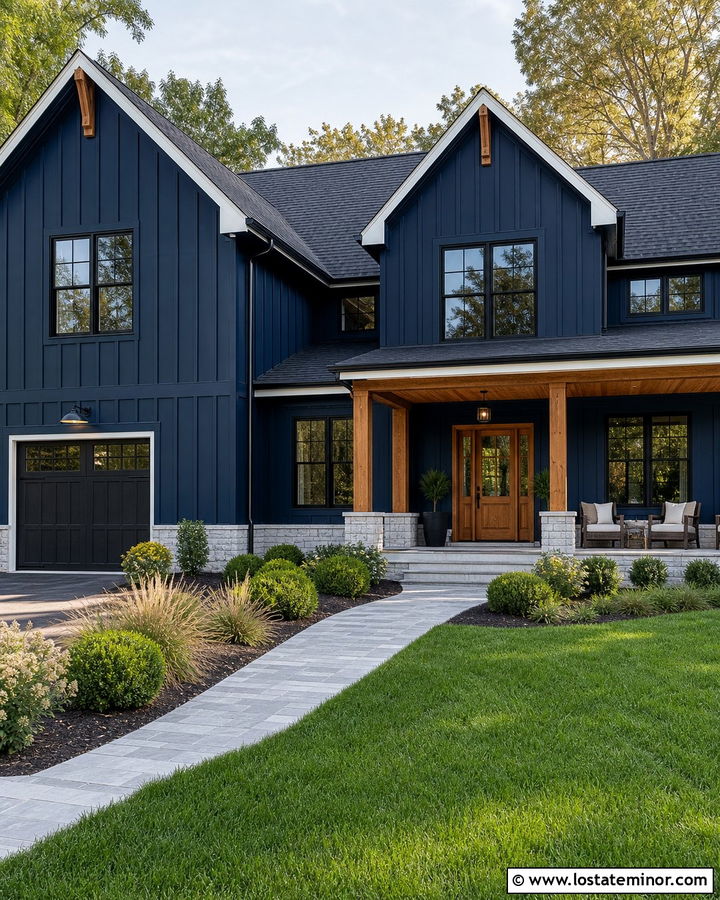 Navy Blue Board And Batten House With Cedar Accents - 30 Navy Blue House Design With Accents Ideas