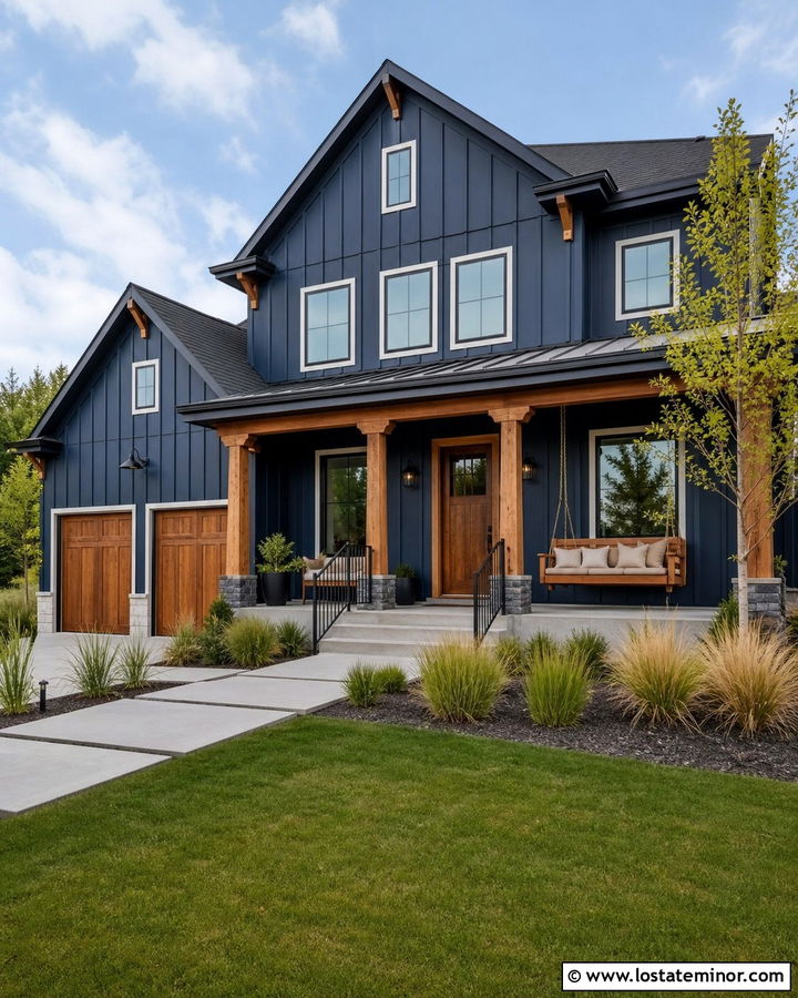 Navy Blue Board And Batten House With Cedar Swing - 30 Navy Blue House Design With Swing Ideas