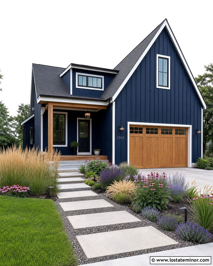 Navy Blue Board And Batten House With Prairie Plants - 30 Navy Blue House Design With Landscaping Ideas