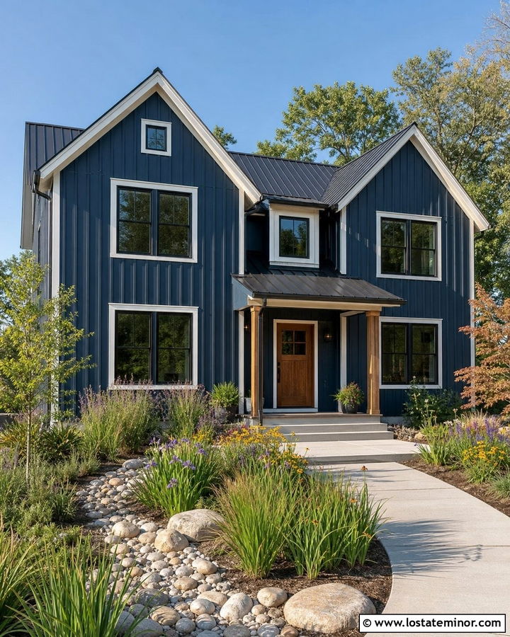 Navy Blue Board And Batten House With Rain Garden - 30 Navy Blue House Design With Front Yard Ideas