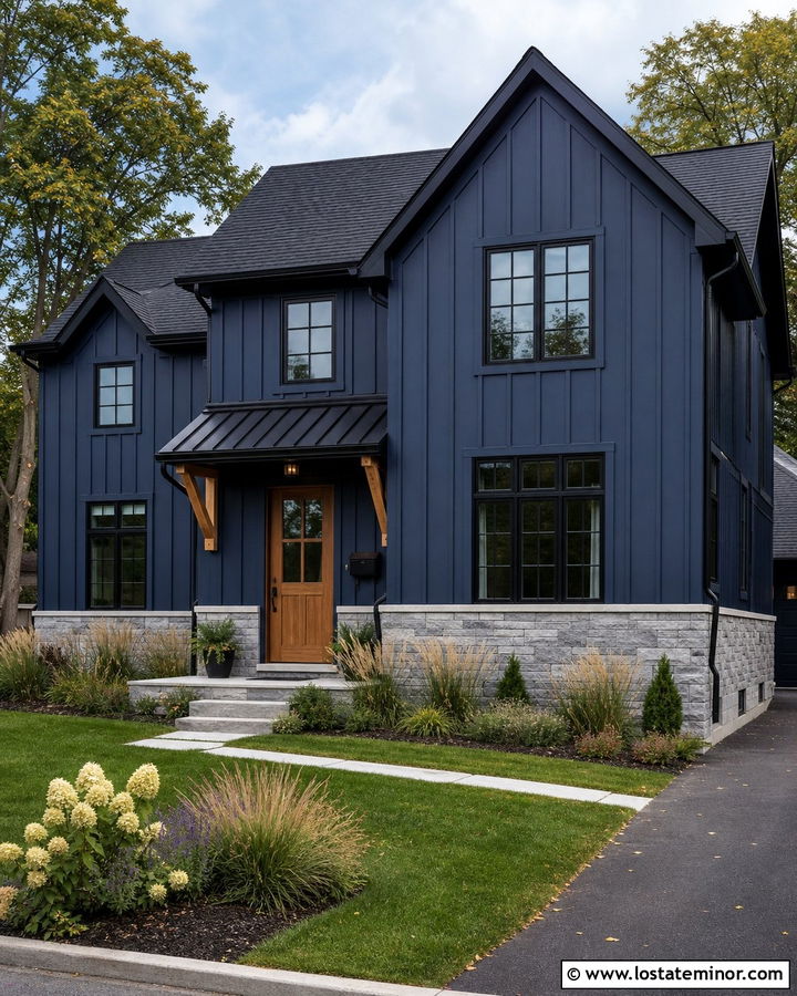 Navy Blue Board And Batten House With Shed Awning - 30 Navy Blue House Design With Awning Ideas