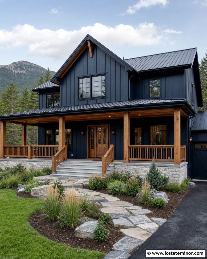 Navy Blue Board And Batten House With Wood Railings - 30 Navy Blue House Design With Railings Ideas