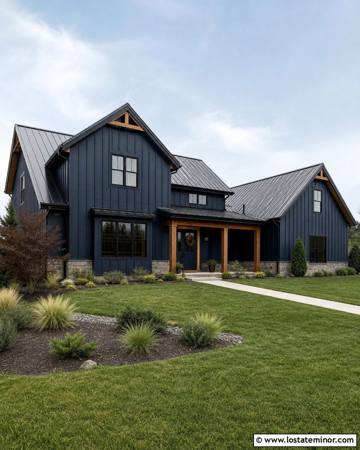 Navy Blue Board And Batten Siding With Black Trim - 30 Navy Blue House Design With Siding Ideas