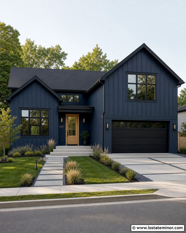 Navy Blue Board And Batten With Black Windows - 30 Navy Blue House Design With Board and Batten Ideas