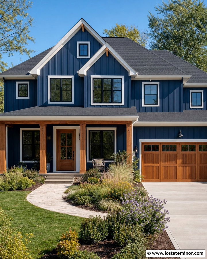 Navy Blue Board And Batten With Cedar Accents - 30 Navy Blue House Design With Board and Batten Ideas