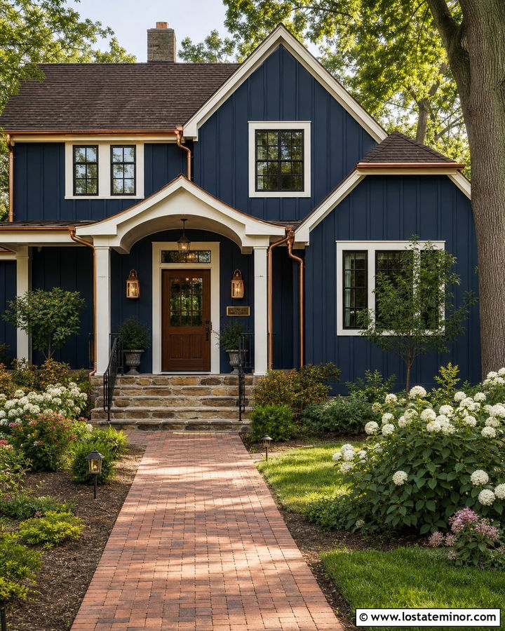 Navy Blue Board And Batten With Copper Gutters - 30 Navy Blue House Design With Board and Batten Ideas