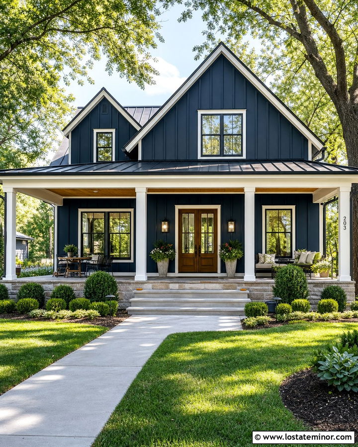Navy Blue Board And Batten With Covered Porch - 30 Navy Blue House Design With Board and Batten Ideas