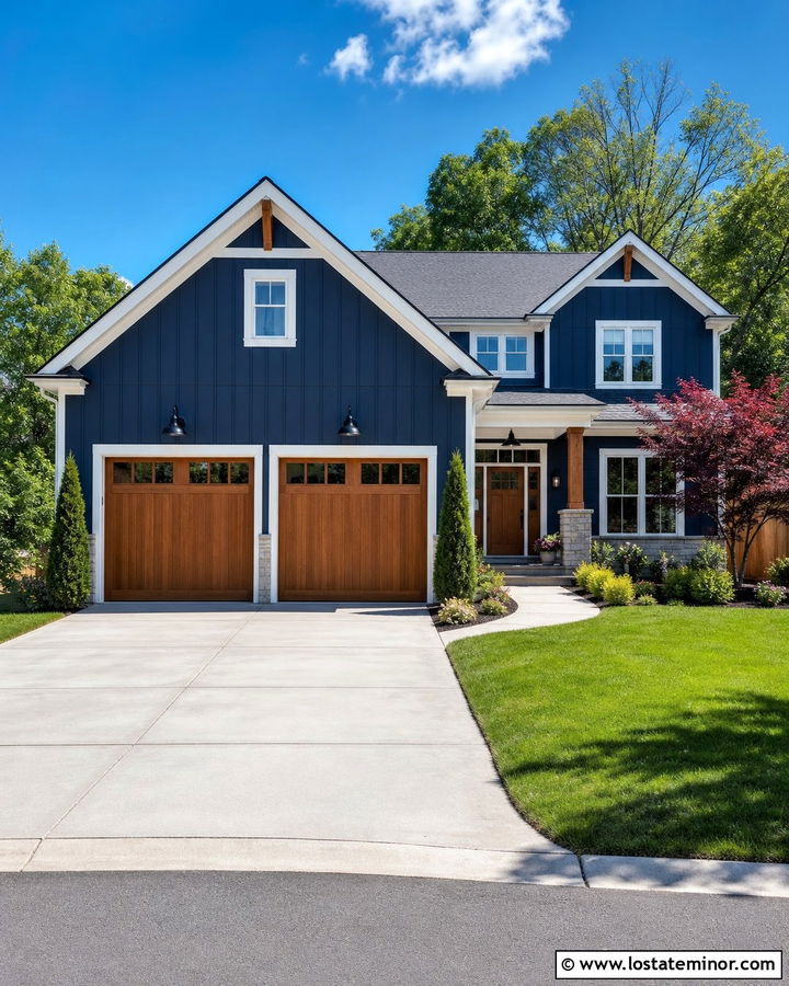 Navy Blue Board And Batten With Double Garage - 30 Navy Blue House Design With Board and Batten Ideas