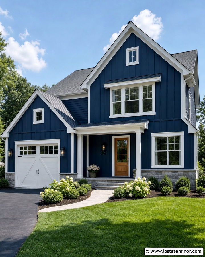 Navy Blue Board And Batten With Gray Roof - 30 Navy Blue House Design With Board and Batten Ideas