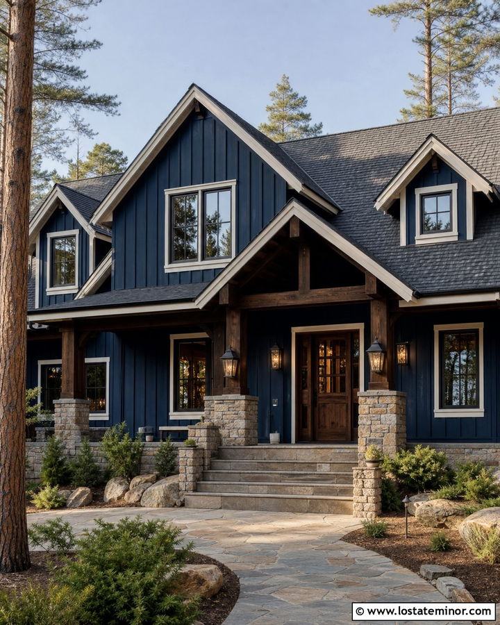 Navy Blue Board And Batten With Natural Stone Porch - 30 Navy Blue House Design With Board and Batten Ideas