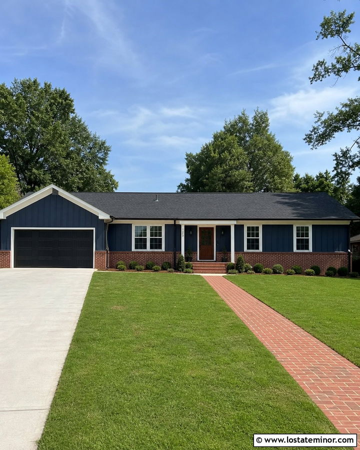 Navy Blue Board And Batten With Red Brick - 30 Navy Blue House Design With Board and Batten Ideas