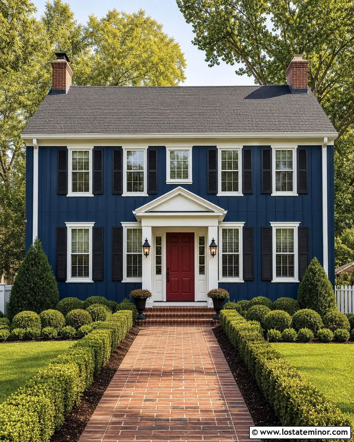 Navy Blue Board And Batten With Red Front Door - 30 Navy Blue House Design With Board and Batten Ideas