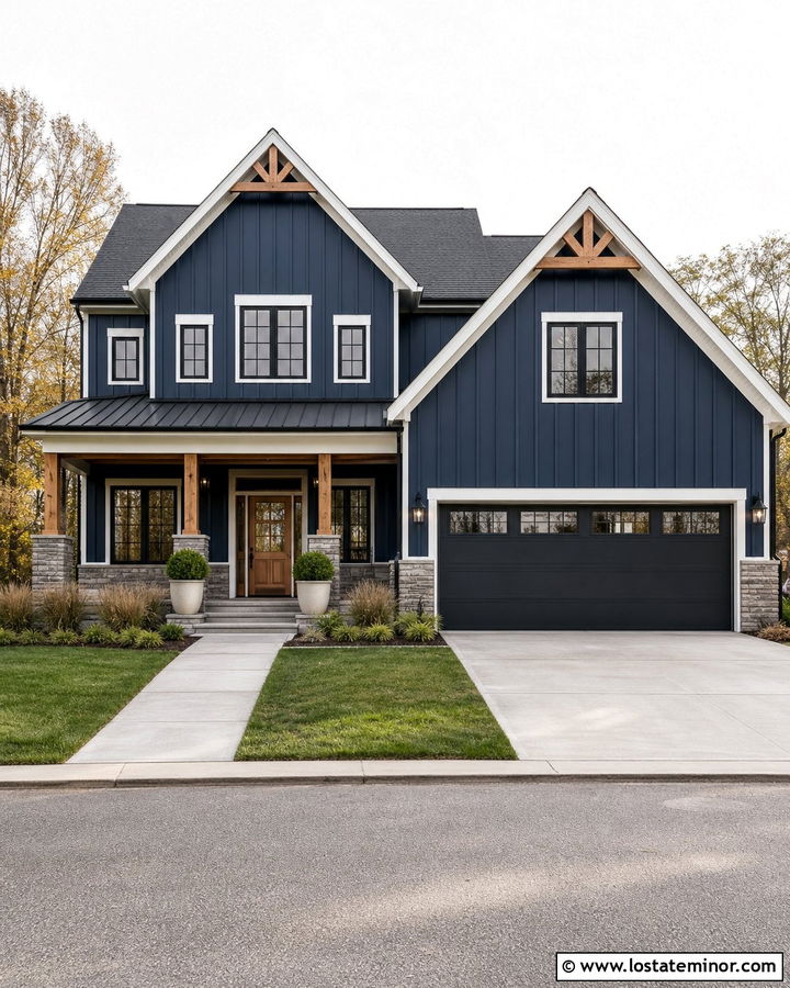 Navy Blue Board And Batten With Stone Skirting - 30 Navy Blue House Design With Stone Accents Ideas