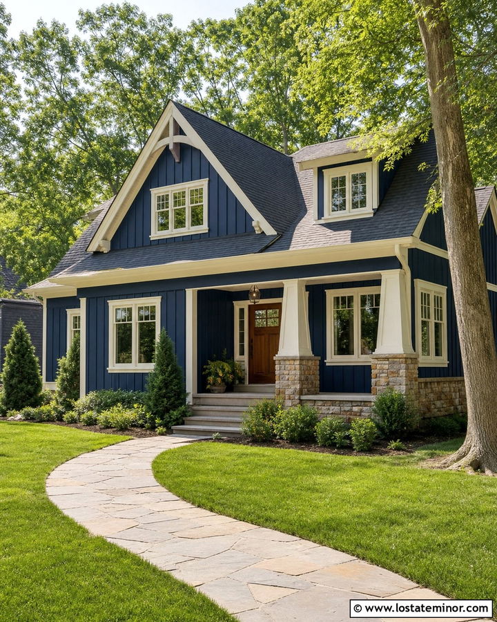 Navy Blue Board And Batten With Stone Skirting - 30 Navy Blue House Design With Board and Batten Ideas