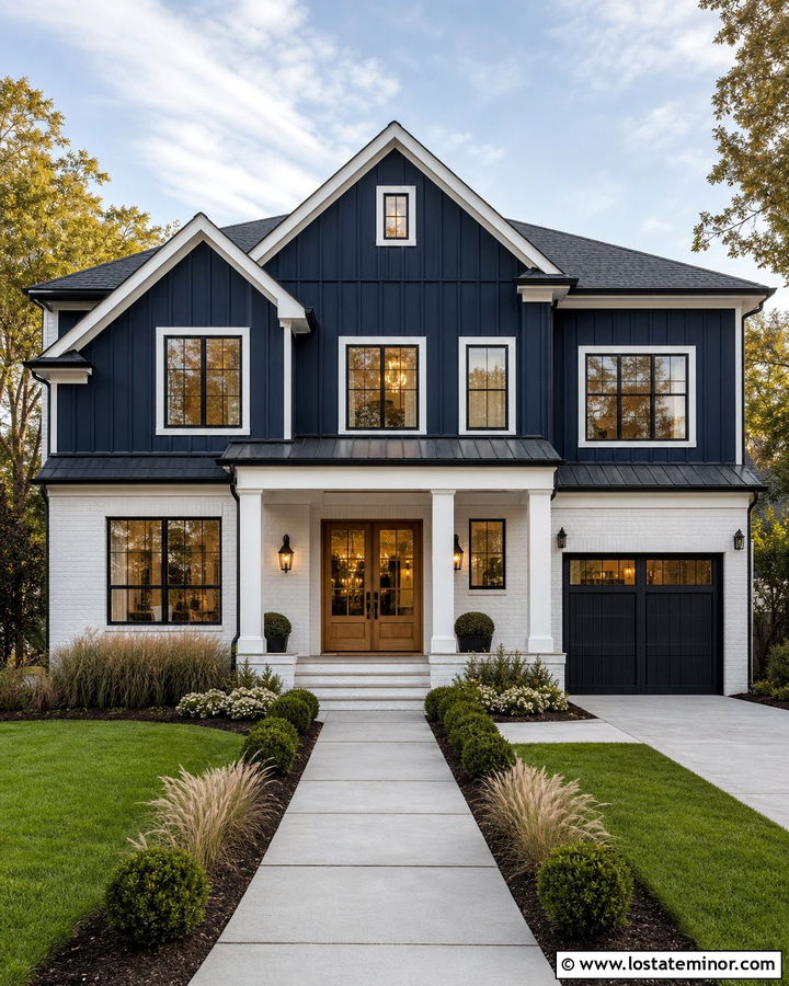Navy Blue Board And Batten With White Brick - 30 Navy Blue House Design With Board and Batten Ideas