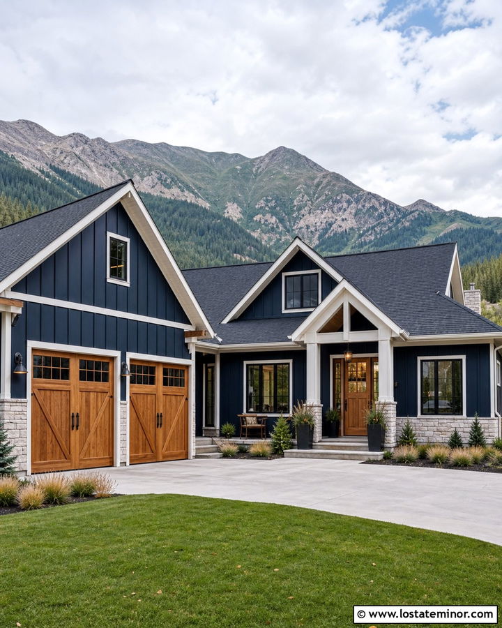 Navy Blue Board And Batten With Wood Garage Doors - 30 Navy Blue House Design With Board and Batten Ideas