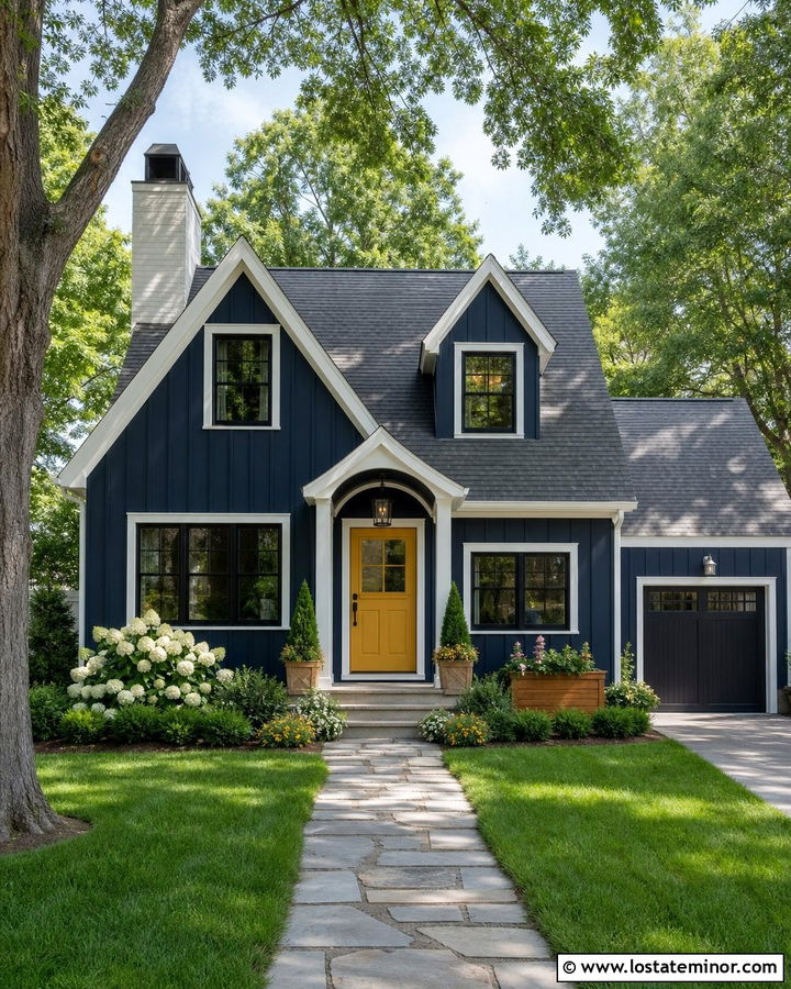 Navy Blue Board And Batten With Yellow Front Door - 30 Navy Blue House Design With Board and Batten Ideas