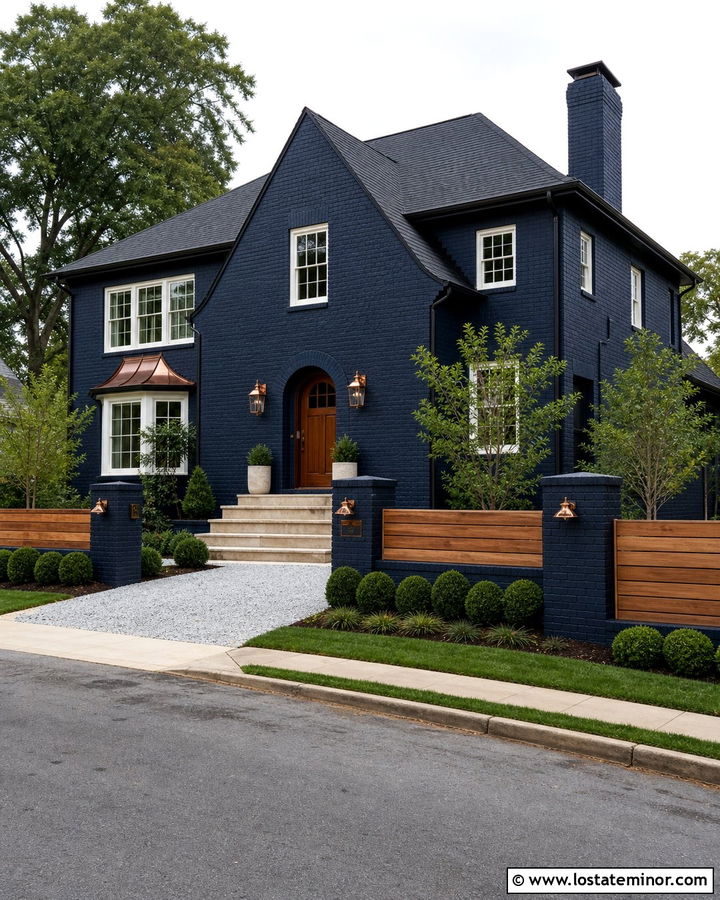 Navy Blue Brick House With Cedar Gate - 30 Navy Blue House Design With Fence Ideas