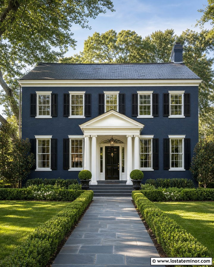 Navy Blue Brick House With Classical Portico - 30 Navy Blue House Design With Portico Ideas
