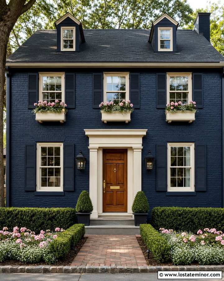 Navy Blue Brick House With Cream Window Boxes - 30 Navy Blue House Design With Window Boxes Ideas