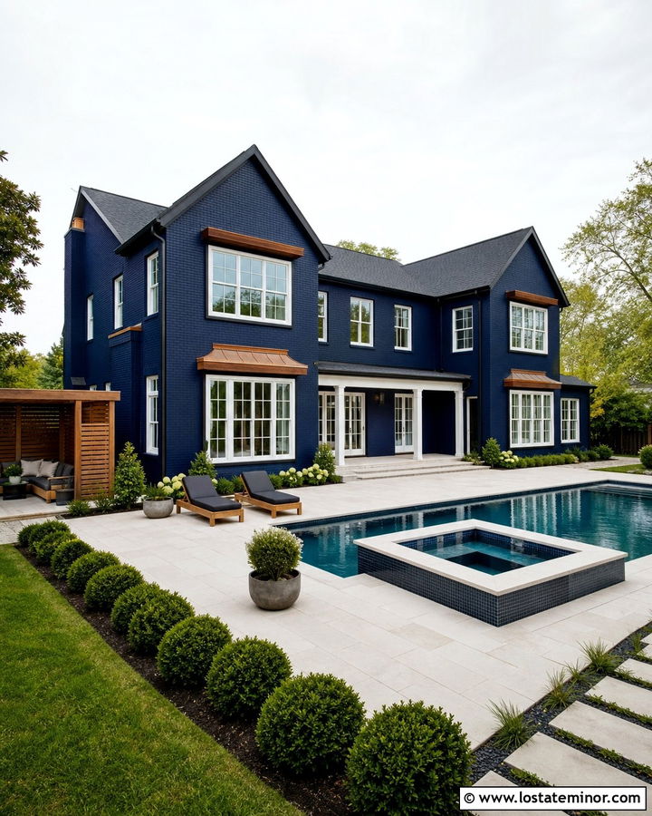 Navy Blue Brick House With Geometric Pool - 30 Navy Blue House Design With Swimming Pool Ideas