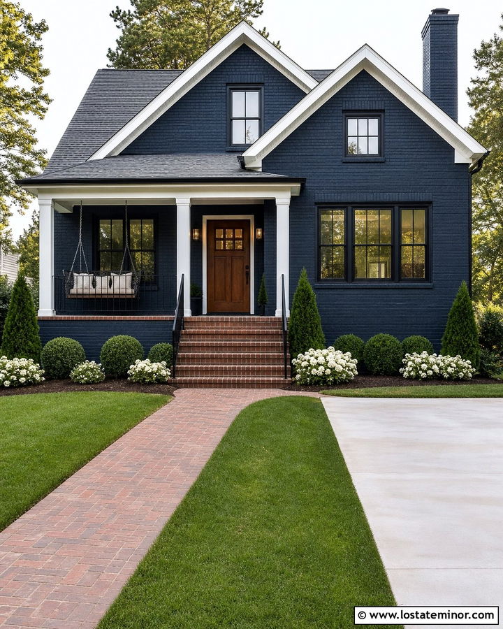 Navy Blue Brick House With Iron Swing - 30 Navy Blue House Design With Swing Ideas