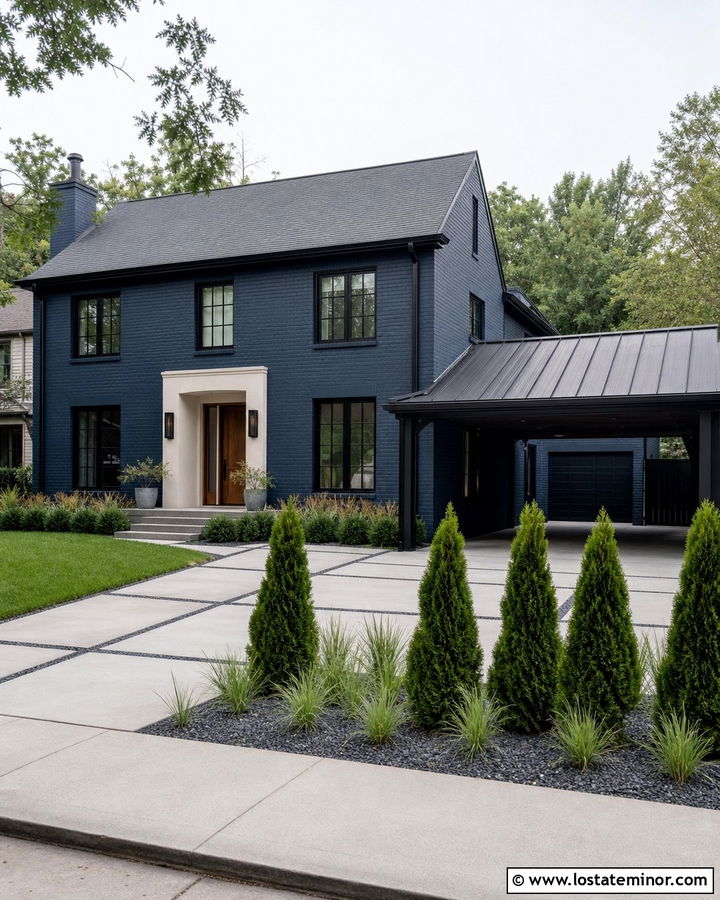 Navy Blue Brick House With Metal Carport - 30 Navy Blue House Design With Carport Ideas
