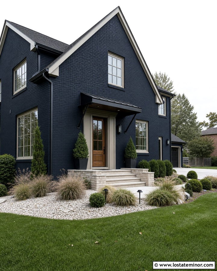 Navy Blue Brick House With Steel Awning - 30 Navy Blue House Design With Awning Ideas