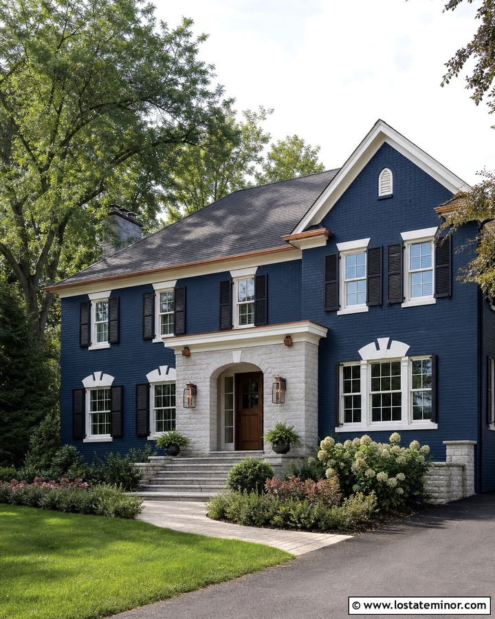 Navy Blue Brick House With Stone Entry - 30 Navy Blue House Design With Stone Accents Ideas