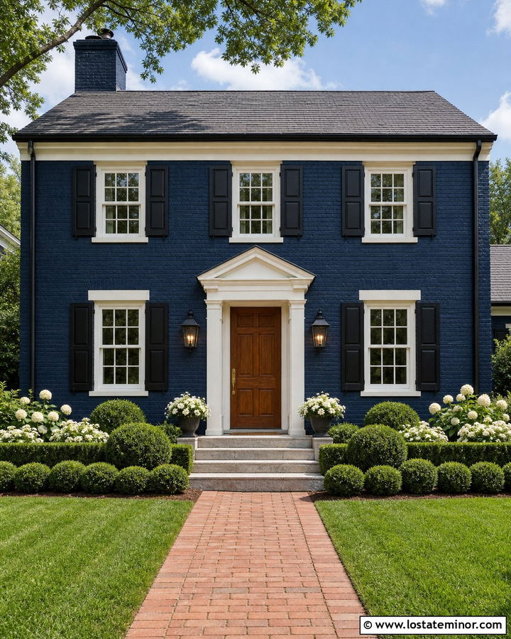 Navy Blue Brick House With Traditional Lanterns - 30 Navy Blue House Design With Light Fixtures Ideas