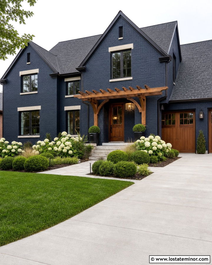 Navy Blue Brick House With Wood Pergola - 30 Navy Blue House Design With Pergola Ideas