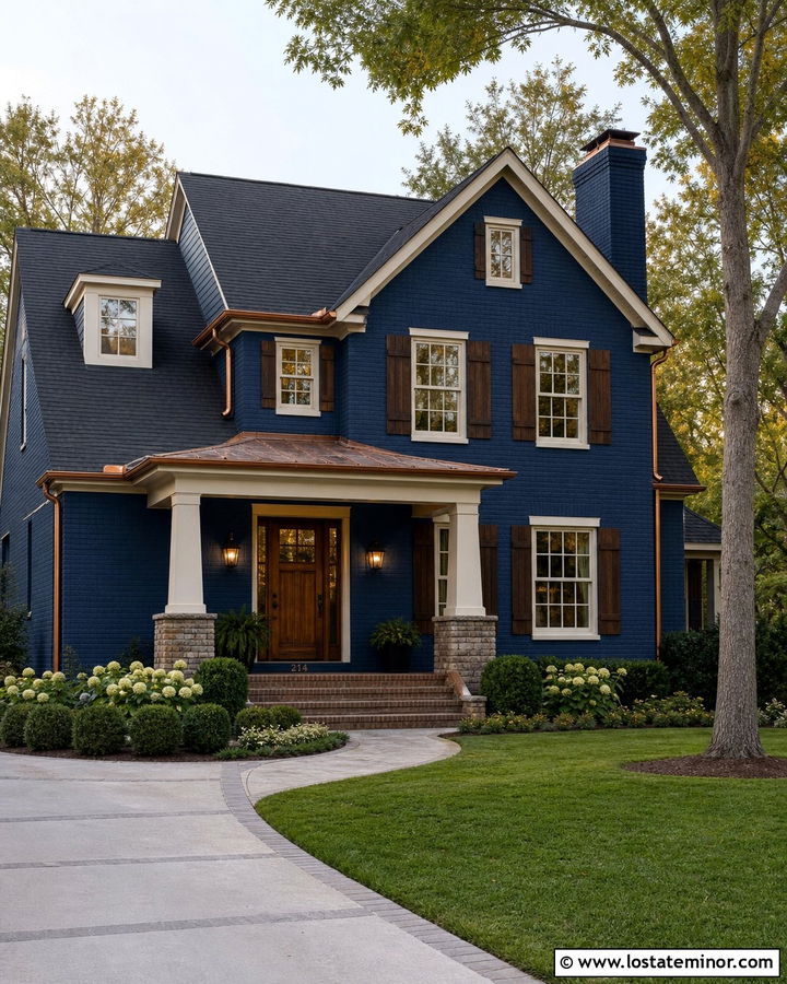 Navy Blue Brick House With Wood Shutters - 30 Navy Blue House Design With Shutters Ideas