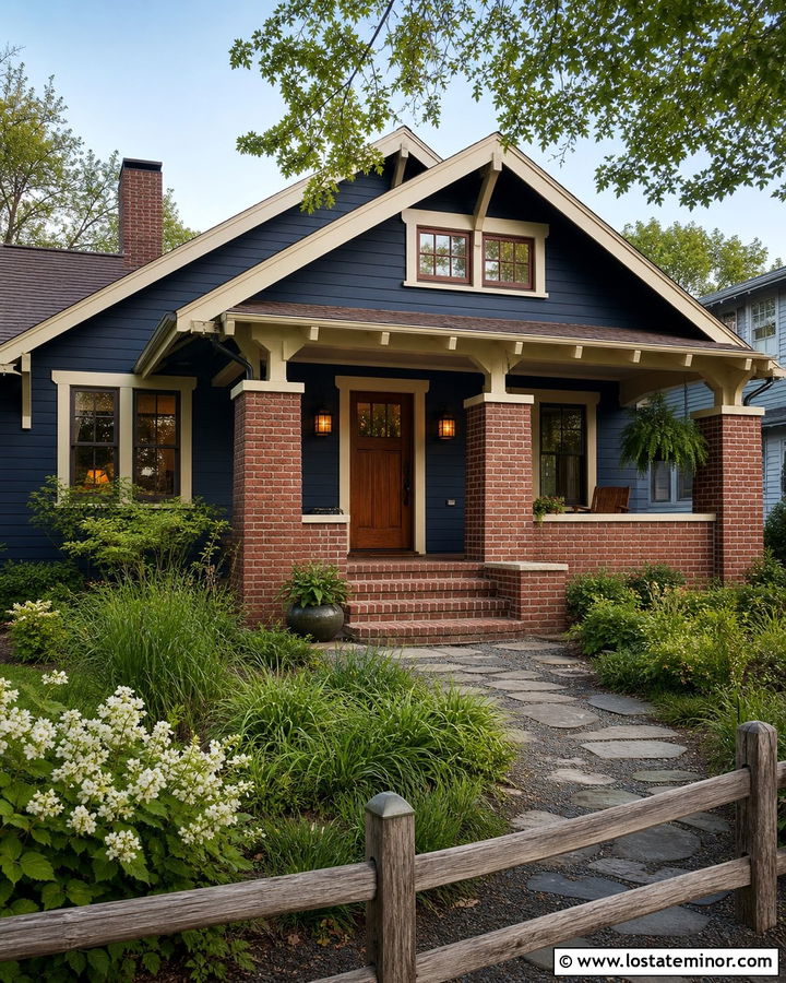 Navy Blue Bungalow With Brick Porch - 30 Navy Blue House Design With Front Porch Ideas