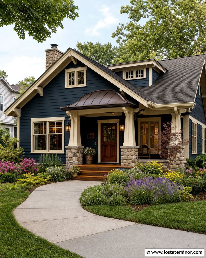 Navy Blue Bungalow With Bronze Awning - 30 Navy Blue House Design With Awning Ideas