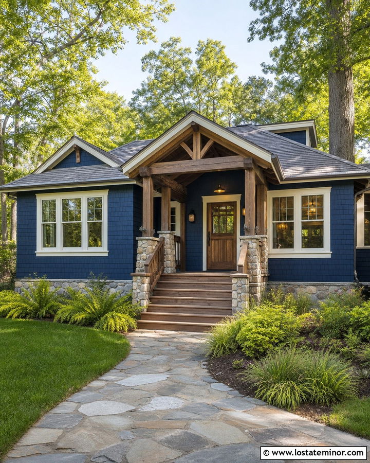 Navy Blue Bungalow With Cedar Portico - 30 Navy Blue House Design With Portico Ideas