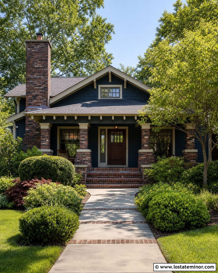Navy Blue Bungalow With Clinker Brick Chimney - 30 Navy Blue House Design With Chimney Ideas