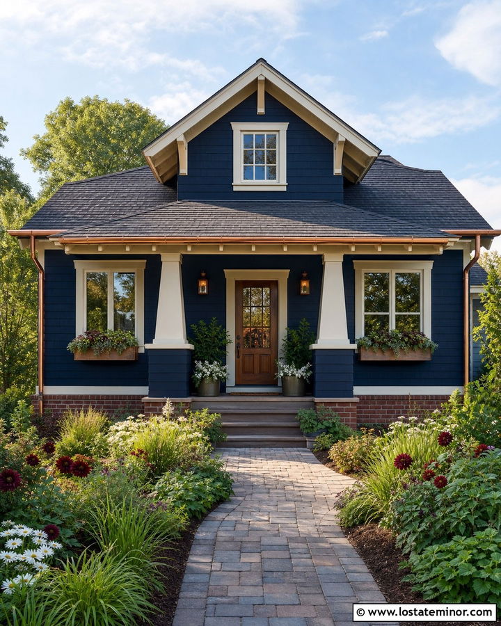 Navy Blue Bungalow With Copper Window Boxes - 30 Navy Blue House Design With Window Boxes Ideas