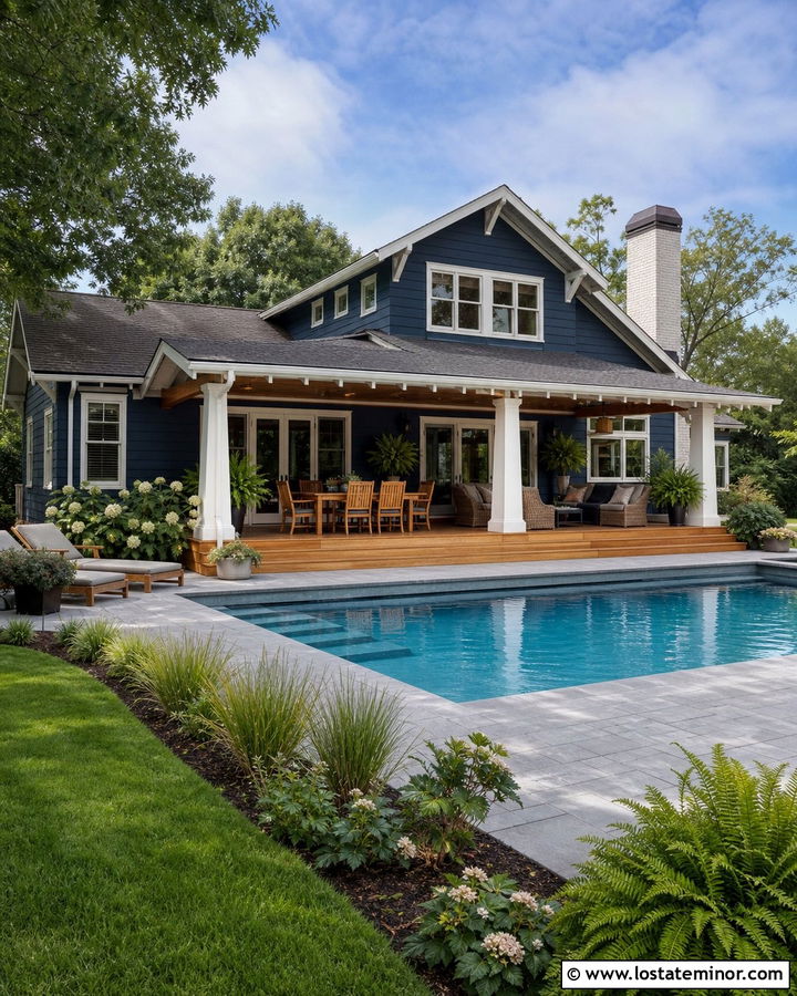 Navy Blue Bungalow With Covered Pool Porch - 30 Navy Blue House Design With Swimming Pool Ideas