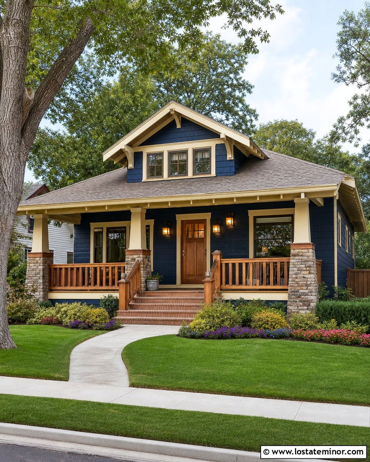 Navy Blue Bungalow With Craftsman Wood Railings - 30 Navy Blue House Design With Railings Ideas
